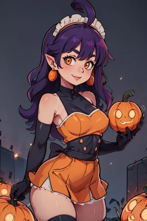 centered, award winning upper body portrait, cowboy shot, (looking at viewer:1.2), |
<lora:Stardust_Pumpkins_Citron_OC_Anime:0.8>, Stardust_Pumpkins_Citron_OC, 
1girl, solo, long purple hair,  orange eyes, ahoge, pointy ears, orange dress, elbow gloves, bare shoulders, maid headdress, jewelry, earrings, 
solo, smiling, 
side view, contrapposto, 
| graveyard, pumpkins in background, 
| bokeh, depth of field, cinematic composition, |