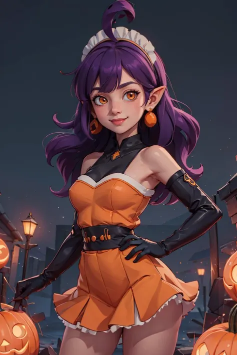 centered, award winning upper body portrait, cowboy shot, (looking at viewer:1.2), |
Stardust_Pumpkins_Citron_OC, 
1girl, solo, long purple hair,  orange eyes, ahoge, pointy ears, orange dress, elbow gloves, bare shoulders, maid headdress, jewelry, earrings, 
solo, smiling, 
, contrapposto, 
| graveyard, pumpkins in background, 
| bokeh, depth of field, cinematic composition, |