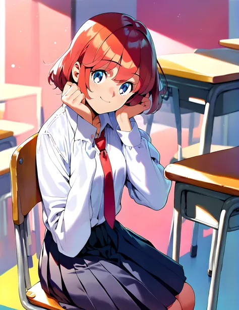 anime girl sitting in a classroom with her hand on her chin