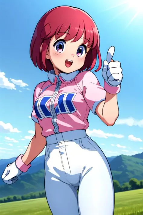 a woman in a pink shirt and white pants holding a baseball bat