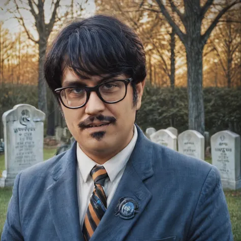 professional outdoor photo, graveyard, spooky lighting, medium shot of mrlobo  withLora(n47-v1-mrlobo,0.75), blue jacket, tie, glasses, withLora(_add_detail,0.45)