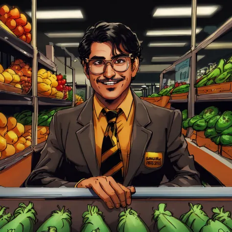 a close up of a man in a suit and tie standing in front of a shelf of vegetables