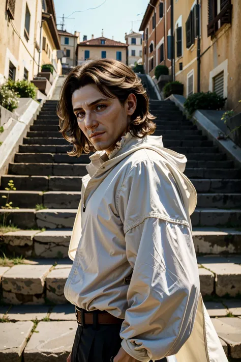 ((ultra detailed, masterpiece, absurdres))
 <lora:BGRaphael:0.8>
BGRaphael, 1boy, medium hair, brown hair, brown eyes, Spanish Steps in Rome with Soft Evening Light