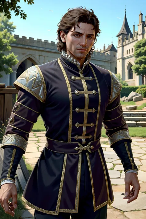 a close up of a man in a medieval outfit standing in front of a castle