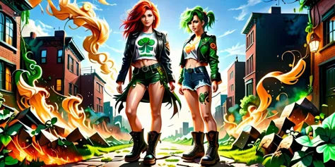 two women in green and black outfits standing in a street