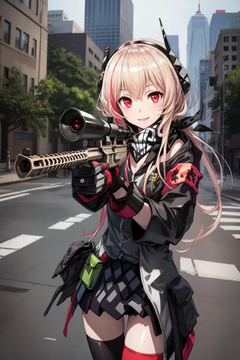 (masterpiece, best quality:1.2), illustration, HDR,  (shiny skin:1.3), 1girl, solo, SopmodNormal, black jacket, skirt, scarf, armband on left arm, headgear, thighhighs, smile, m4 carbine, aiming at viewer, 