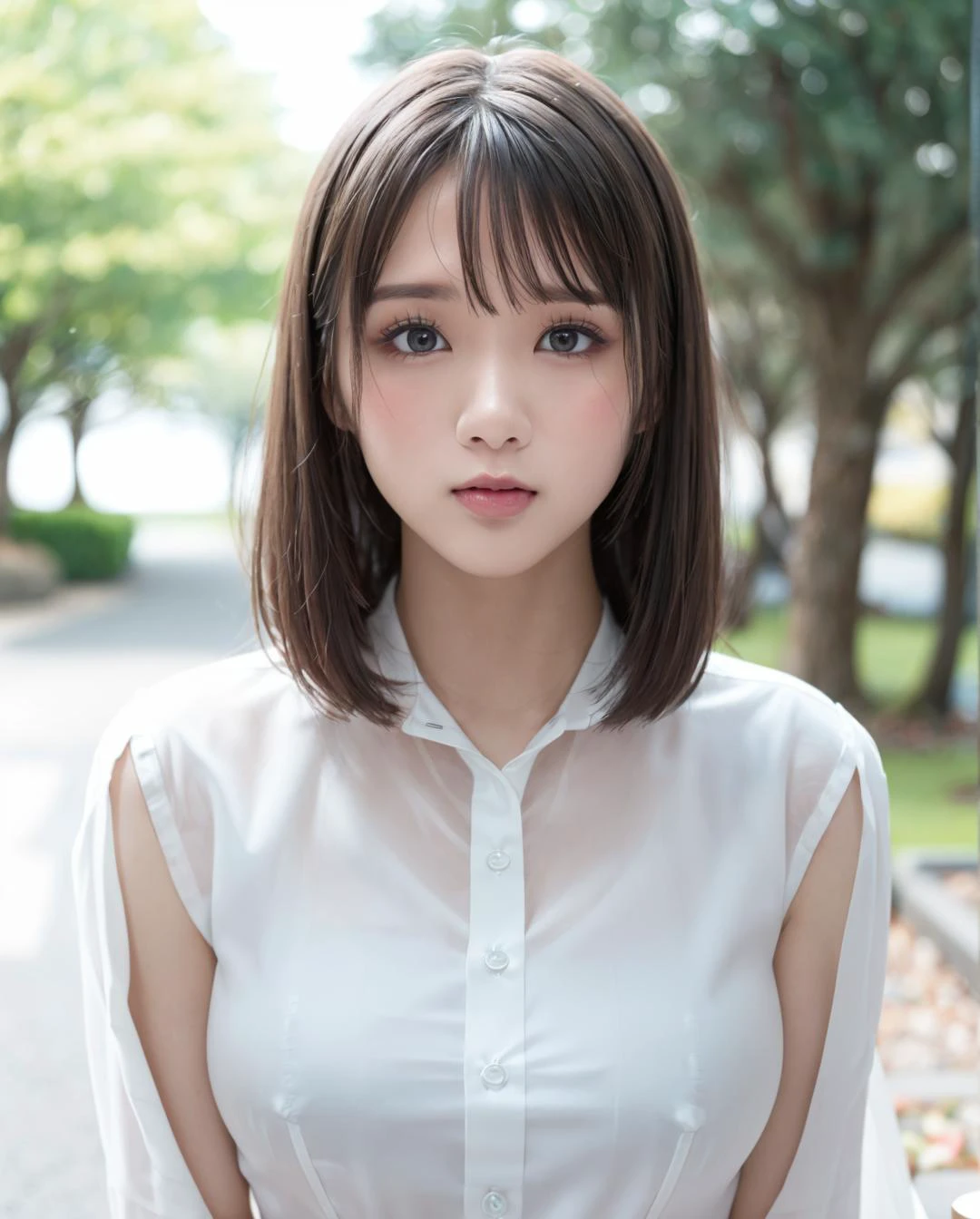 pureerosface_v1:0.03, best quality, photorealistic, 8k, high res, full color, 1girl, woman, 20 years old woman, (closed mouth:1.73), (skindentation), (portrait:0.6), trees, park bench, daylight, ((park background:1.52)), full color, ((buttonedwhiteshirt:1.58)), looking at viewer:1.8, (1girl eyes looking at viewer:1.55), (medium hair, brownhair, sweptpartedbangs:1.45), (bokeh), 