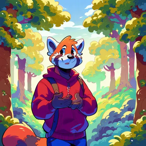 score_9, score_8_up, score_7_up, source_furry, source_anime, score_safe, three-quarter portrait, humanoid hands, male anthro red panda, looking at viewer, forest, toony, detailed background, scenery_porn, <lora:jinxit-v1e10>