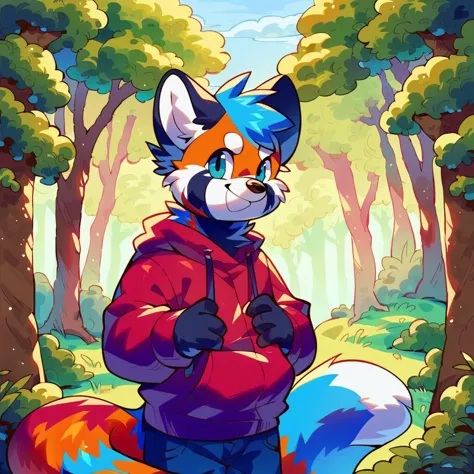 a cartoon fox in a red jacket and blue pants standing in the woods