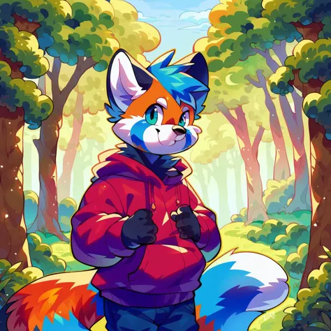 score_9, score_8_up, score_7_up, source_furry, source_anime, score_safe, three-quarter portrait, humanoid hands, male anthro red panda, looking at viewer, forest, toony, detailed background, scenery_porn, <lora:jinxit-v1e10>