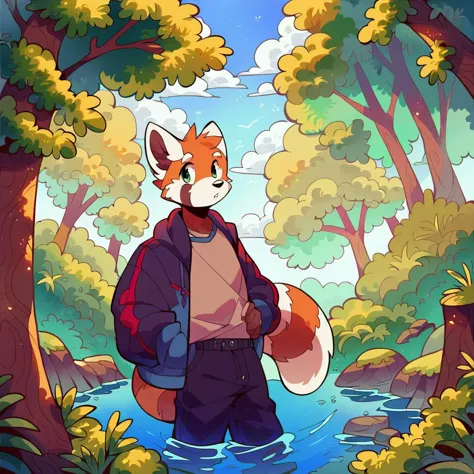 cartoon fox in a forest with a river and trees