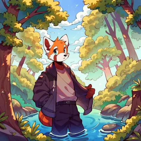 cartoon illustration of a red fox in a forest with a river