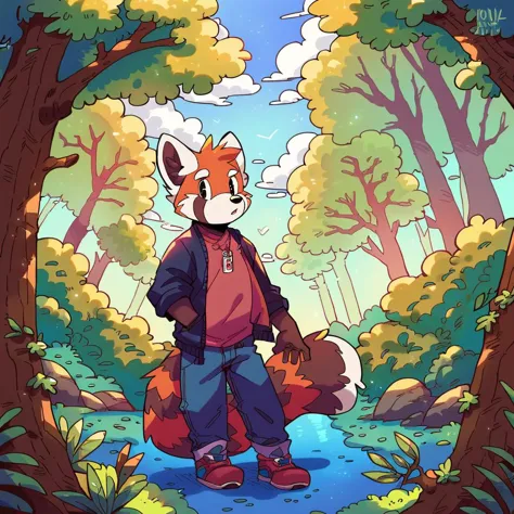 score_9, score_8_up, score_7_up, source_furry, source_anime, score_safe, three-quarter portrait, humanoid hands, male anthro red panda, looking at viewer, forest, toony, detailed background, scenery_porn, <lora:jinxit-v1e10>,