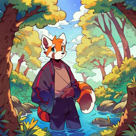 a cartoon fox standing in a forest with a ball