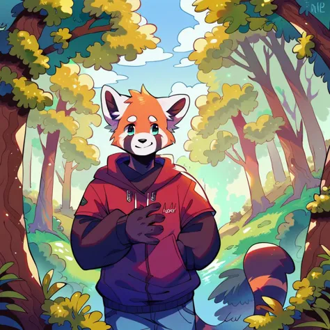 score_9, score_8_up, score_7_up, source_furry, source_anime, score_safe, three-quarter portrait, humanoid hands, male anthro red panda, looking at viewer, forest, toony, detailed background, scenery_porn, <lora:jinxit-v1e10>,