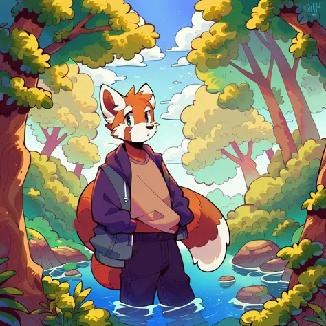 a cartoon fox standing in a forest with a backpack