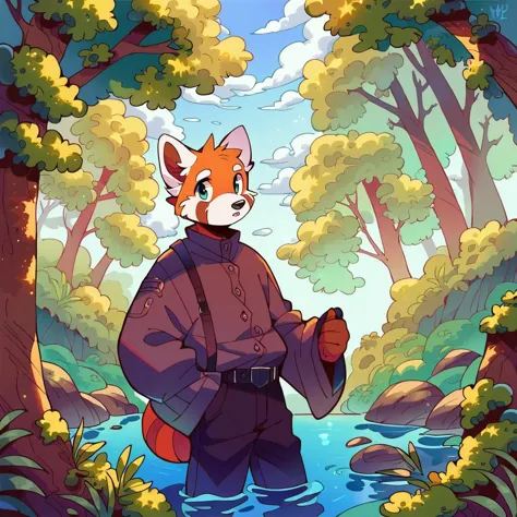 a cartoon fox in a forest with a river and trees