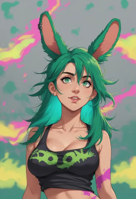 a girl with green hair and green ears wearing a tank top