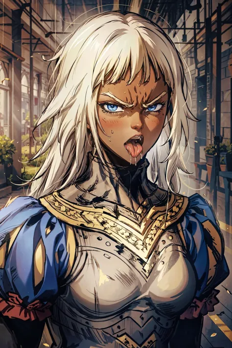 ophelia , solo, 1girl, long hair, white hair, armor, dark skin, blunt bangs, dark-skinned female, blonde hair, gloves, blue eyes, breastplate, puffy sleeves,standing,serious face,expresionless,angry eyes,looking at viewer,(open mouth),(tongue out),(saliva:1.4),saliva drip,(uvula),maw,(oral invitation),(portrait),masterpiece,extremely detailed CG unity 8k wallpaper, best quality,32k,focus sharp, Messy_art,