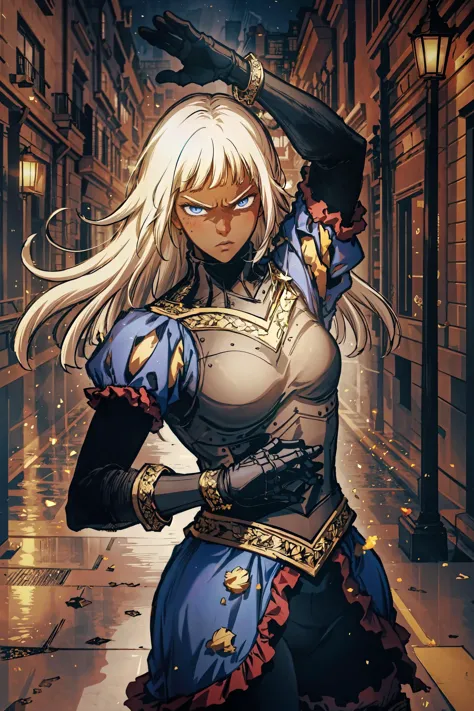 ophelia , solo, 1girl, long hair, white hair, armor, dark skin, blunt bangs, dark-skinned female, blonde hair, gloves, blue eyes, breastplate, puffy sleeves,dancing,dancing pose,sewers,sewers background,serious face,shame expression,(shame),shame face,angry eyes,looking at viewer,masterpiece,extremely detailed CG unity 8k wallpaper, best quality,32k,focus sharp, Messy_art,