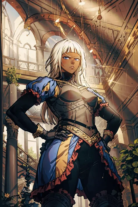 <lora:ophelia:0.8> ophelia , solo, 1girl, long hair, white hair, armor, dark skin, blunt bangs, dark-skinned female, blonde hair...