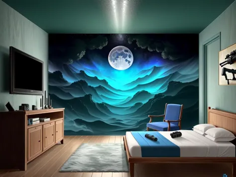 surreal, abstract, blue, space, (pretty otaku room with grenade|retrofuturistic moon with rifle )