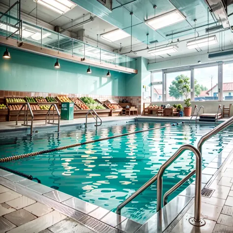 there is a pool with a swimming board and a swimming board in it