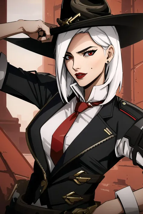 best quality, intricate details,


1girl,  <lora:asheOverwatchLORA_v1:0.8> ashe, red eyes,black jacket, white shirt, red tie, bl...