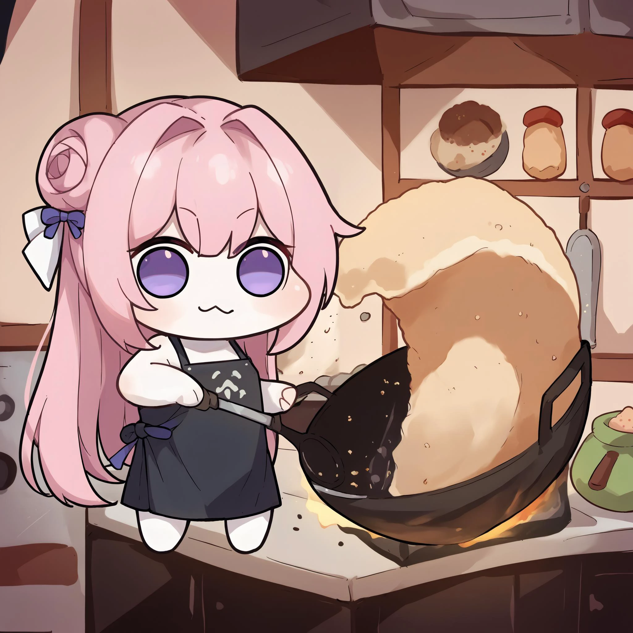 Anime girl in a kitchen with a pan of food and a pan of bread - SeaArt AI