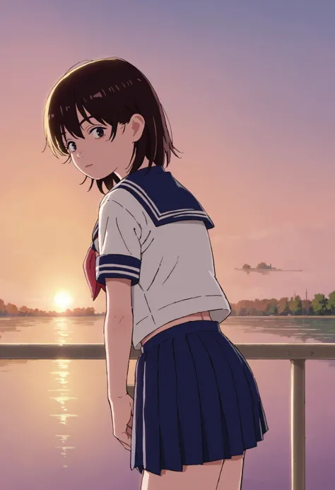 anime girl in a sailor outfit looking out over a lake