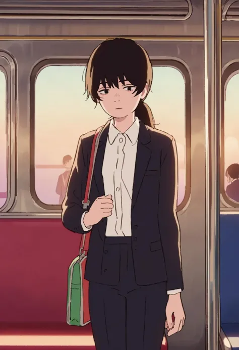 anime image of a woman in a suit standing on a train