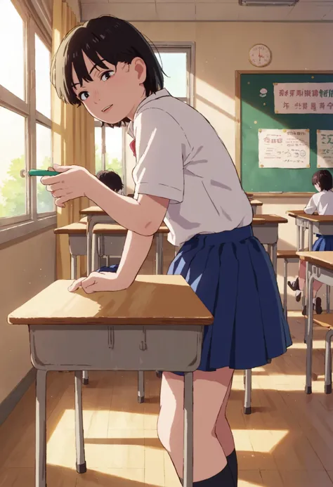 anime girl in school uniform pointing at a window with a pencil