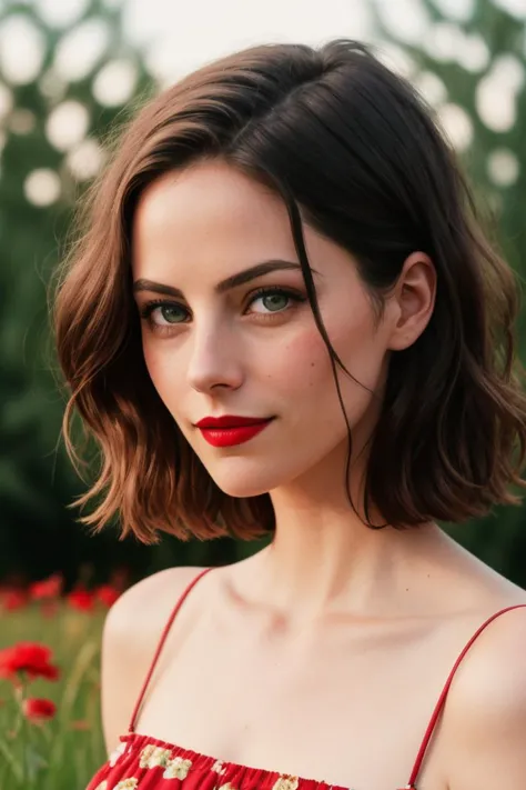 a close up of a woman with a red dress and red lipstick