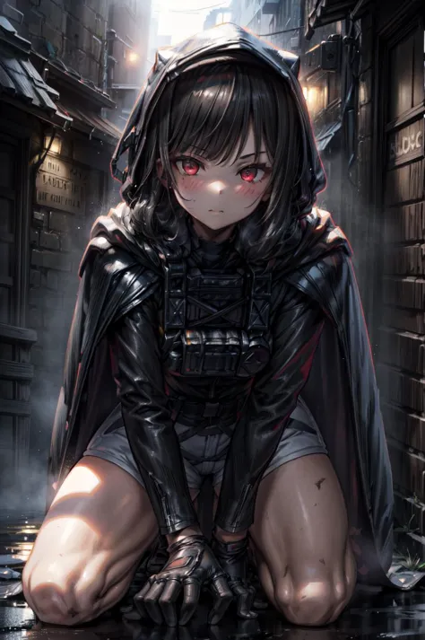 a woman in a black outfit sitting on the ground in a dark alley