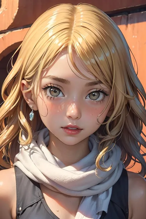 anime girl with blonde hair and scarf looking at camera