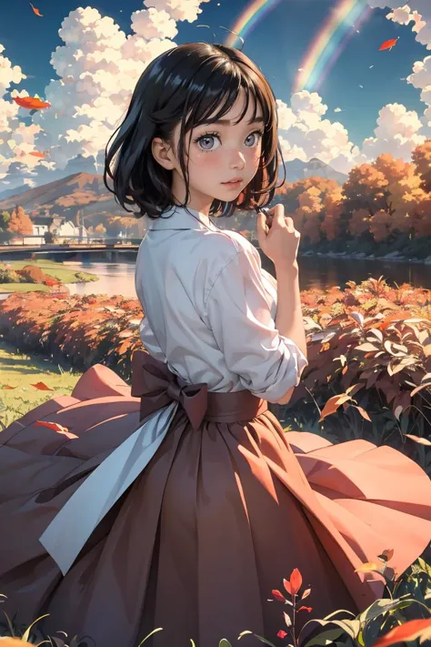 anime girl in a brown dress standing in a field with a rainbow in the background