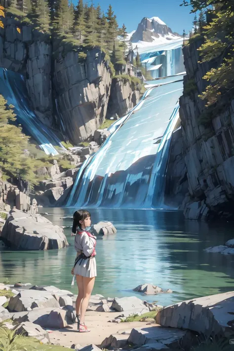 there is a woman standing on a rock near a waterfall