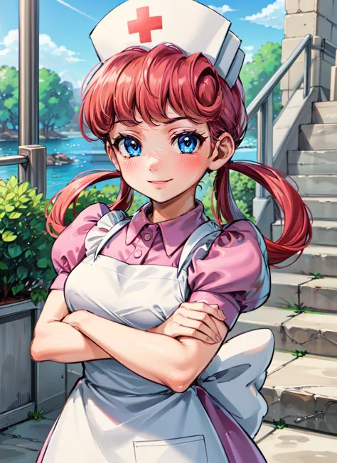 ((best quality)), ((highly detailed)), masterpiece, extremely detailed face, beautiful face, , <lora:more_details:.3>, (1girl), (solo), <lora:slim_tall-plump_short:1>, crossed arms, <lora:PKMN_NurseJoy-DEF:.8>, nurse joy (pokemon), pink hair, hair rings, blue eyes, smiling, cap, pink dress, puffy sleeves, apron, (outside, at a stairway, midday)