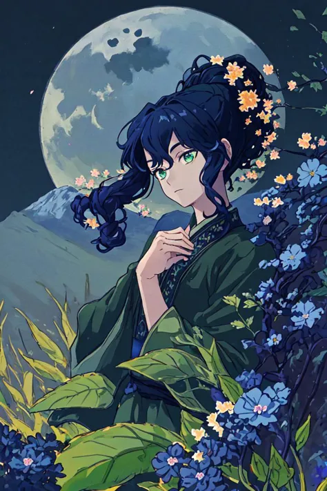 (Highest picture quality), (Master's work), (ultra-detailed), (Detailed eye description:1.2), masterpiece,best quality, 1boy, black sky, big moon, field of flowers, colorful flowers, petals in air, (dark blue hair:1.5),  green eyes, ponytail, curly hair,   <lora:common-test:0.8>