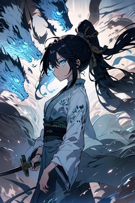 1girl, black hair, long hair, ponytail, dark blue eyes, black ribbon, sword in arm, bamboo, grove,  <lora:common-test:0.8>,  <lora:midjourney_20230624181825:0.8> midjourney