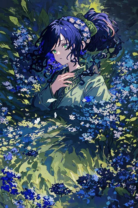 (Highest picture quality), (Master's work), (ultra-detailed), (Detailed eye description:1.2), masterpiece,best quality, 1boy, black sky, big moon, field of flowers, colorful flowers, petals in air, (dark blue hair:1.5),  green eyes, ponytail, curly hair,   <lora:common-test:0.8>