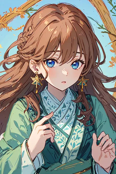 (Highest picture quality), (Master's work), (ultra-detailed), (Detailed eye description:1.2), masterpiece,best quality,extremely delicate and beautiful,beautiful detailed eyes and face, hanfu, 1boy, (light brown hair:1.3), long hair, gold earrings, feather earrings,  (two-colored blue eyes:1.3),  green clothes, sanxian, <lora:common-test:1>,  <lora:GoodHands-vanilla-000004:1>