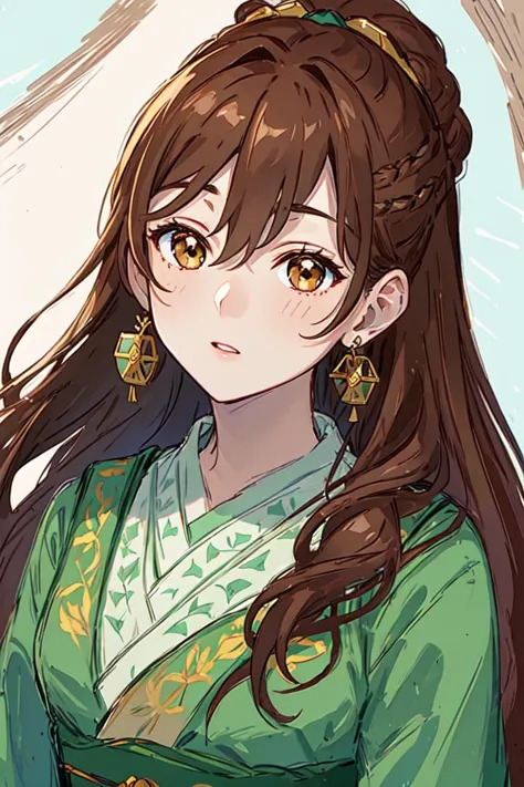 (Highest picture quality), (Master's work), (ultra-detailed), (Detailed eye description:1.2), masterpiece,best quality,extremely delicate and beautiful,beautiful detailed eyes and face, hanfu, 1boy, (light brown hair:1.3), long hair, gold earrings, feather earrings,  two-colored eyes,  green clothes, <lora:common-test:1>,  <lora:GoodHands-vanilla-000004:1>