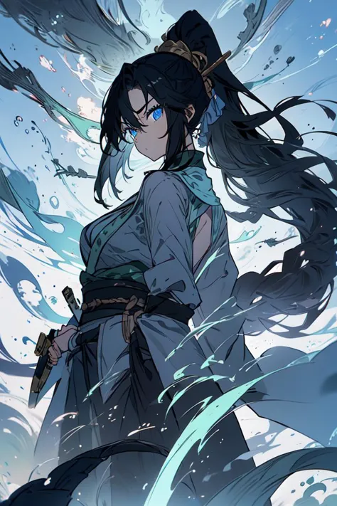 1girl, black hair, long hair, ponytail, dark blue eyes, sword in arm, bamboo, grove,  <lora:common-test:0.8>,  <lora:midjourney_20230624181825:0.8> midjourney