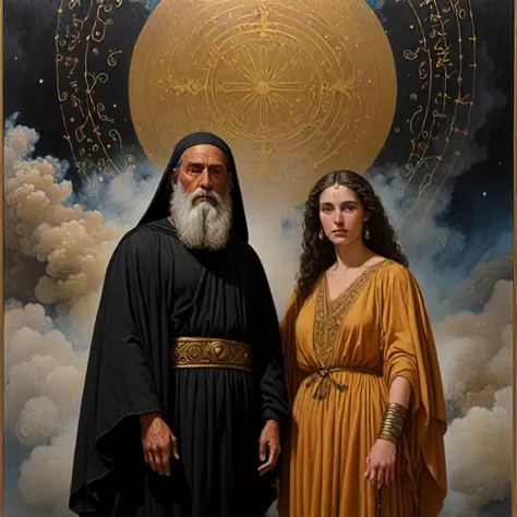 painting of a man and woman in a golden dress standing in front of a painting of a sun