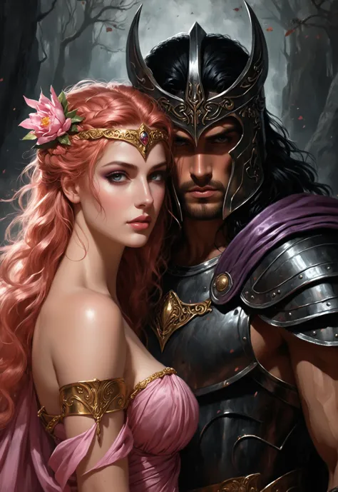 a close up of a woman in a pink dress and a man in a armor suit