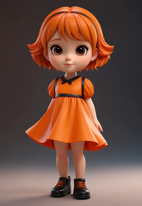 3d cartoon style,Chibi ,a super cute little girl ,orange long dress, red short hair,Black leather shoes,masterpiece, 3d rendering, c4d, octane render, ray tracing, shiny clay material, rich details, 8K