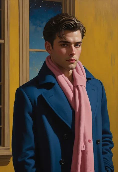 a painting of a man in a blue coat and pink scarf