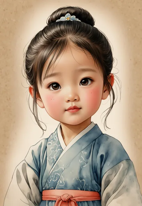 a painting of a little girl in a blue kimono