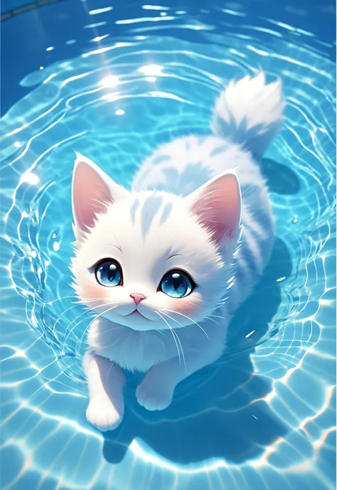 there is a white cat that is floating in a pool